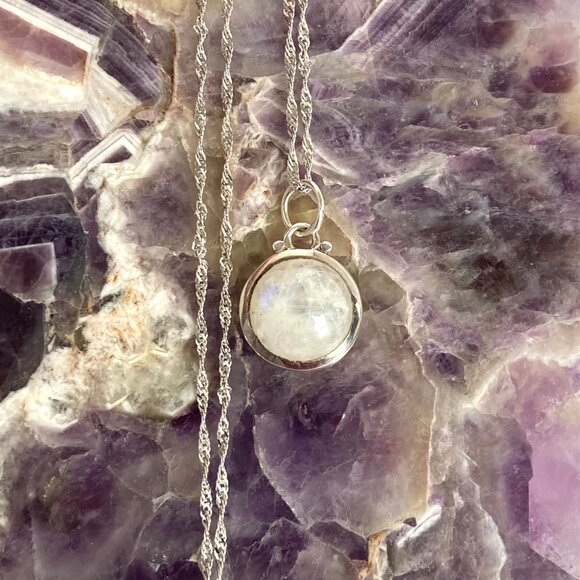 Sterling Silver 925 Baroni Round Moonstone Cabochon Pendant Necklace 18" Chain - Picture 7 of 16